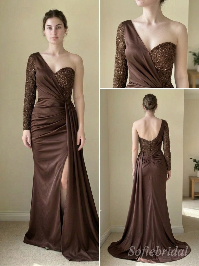 Chocolate One-Shoulder Beaded Satin Gown | Hand-Embellished Sparkle Sleeve, High Slit & Train Dress,PD1373