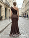 Chocolate Brown Satin One Shoulder Ruffle Detail Waistband Mermaid Bridesmaid Dress,PD1364