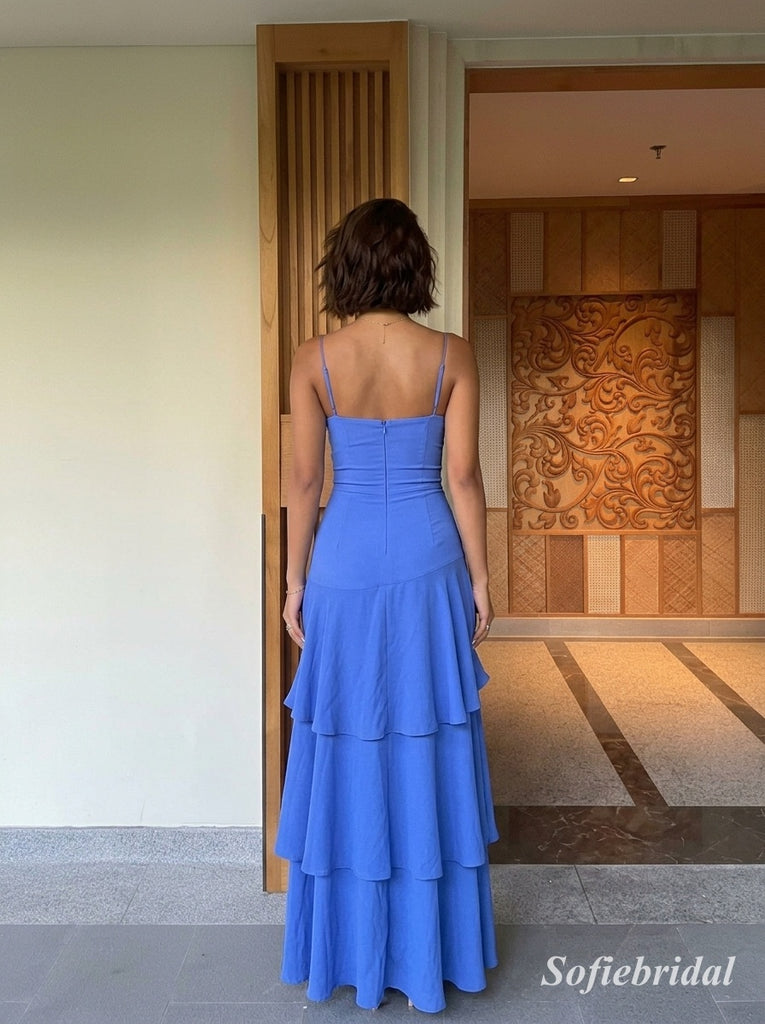 Cornflower Blue Chiffon Spaghetti Strap Sweetheart Maxi Gown With Fitted Bodice & Asymmetrical Tiered Ruffle Skirt, PD13879