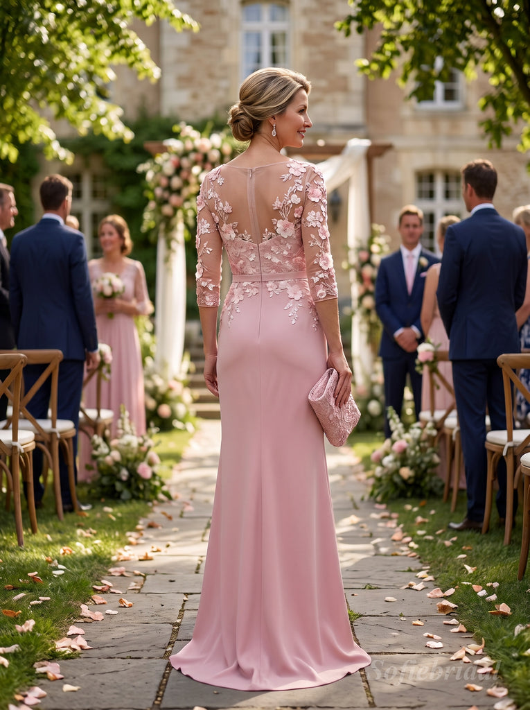 Muted Pink Crepe Ruched Mother Of The Bride Dress With Sheer 3D Floral Lace Bodice,SFM022