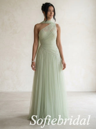 Sage Green Tulle One Shoulder Beaded Appliqué A Line Dress,PD1368