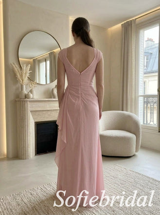 Blush Pink Chiffon Square Cowl Neck Cap Sleeve Draped Ruched Floor Length A-Line Prom Dress ,PD1361