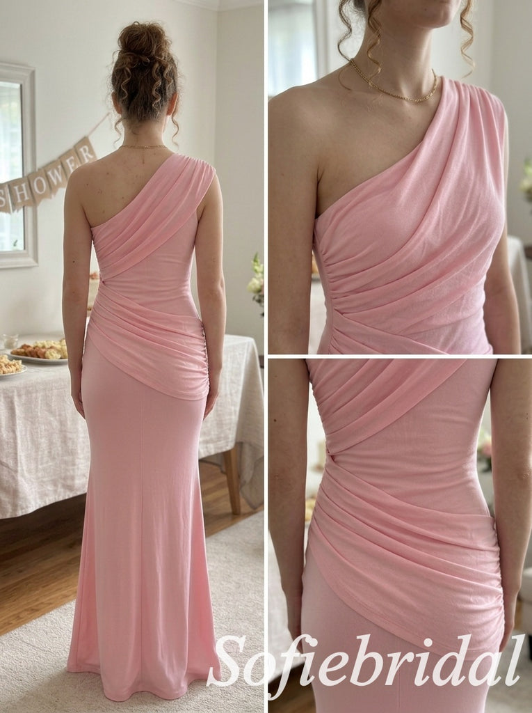 Dusty Pink Jersey One Shoulder Ruched Bodice Floor Length Mermaid Bridesmaid Dress, SFWG00720
