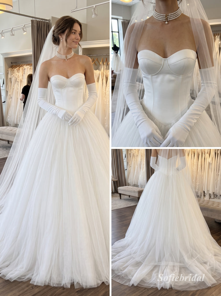 White Satin & Tulle Sweetheart Corset Bodice Ball Gown Wedding Dress With Sheer Back,SFWD0113