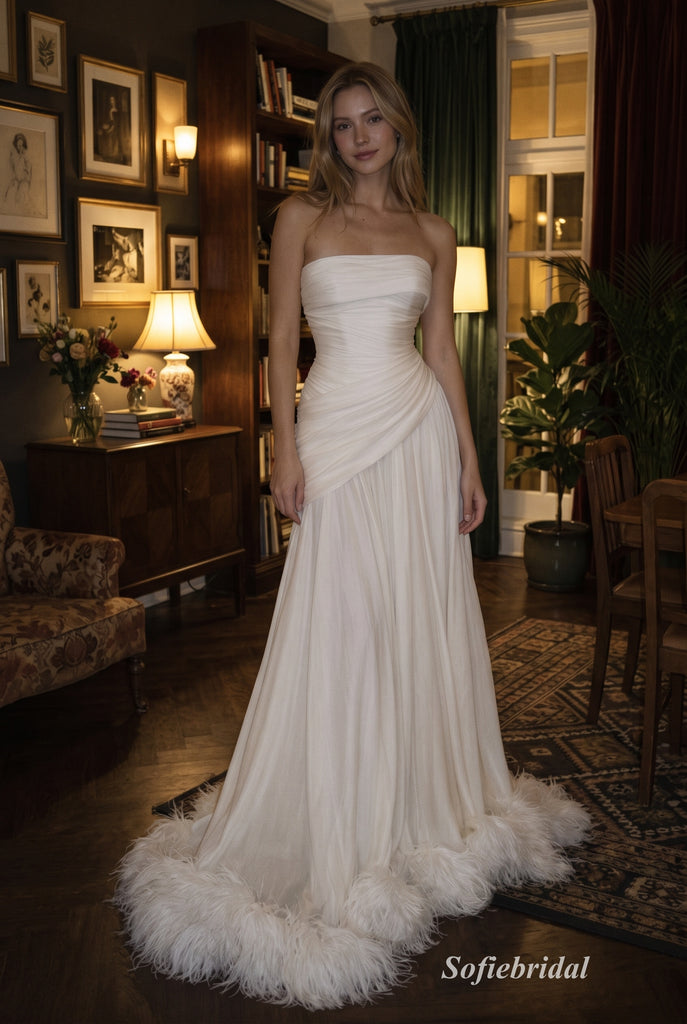 Ivory Strapless Tube Ruched Bodice Chiffon A Line Wedding Dress With Feather Hem Sweep Train,PD13860