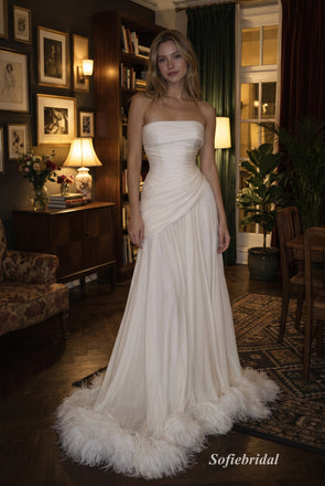 Ivory Strapless Tube Ruched Bodice Chiffon A Line Wedding Dress With Feather Hem Sweep Train,PD13860