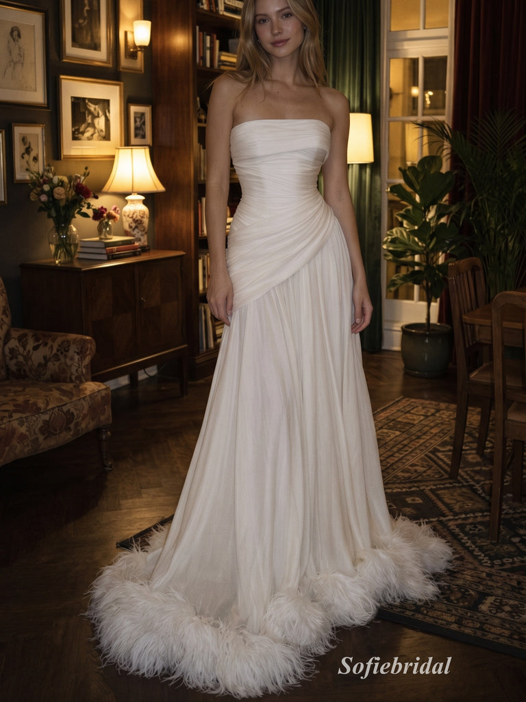 Ivory Strapless Tube Ruched Bodice Chiffon A Line Wedding Dress With Feather Hem Sweep Train,PD13860