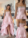 Blush Pink Strapless Straight Neck Beaded Bodice High Low Satin Evening Dress,PD13853