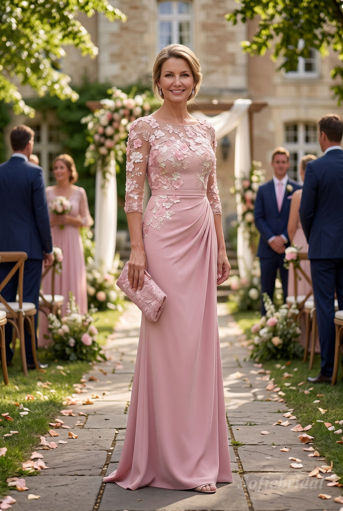Muted Pink Crepe Ruched Mother Of The Bride Dress With Sheer 3D Floral Lace Bodice,SFM022