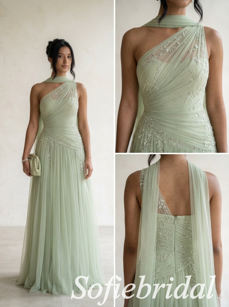 Sage Green Tulle One Shoulder Beaded Appliqué A Line Dress,PD1368