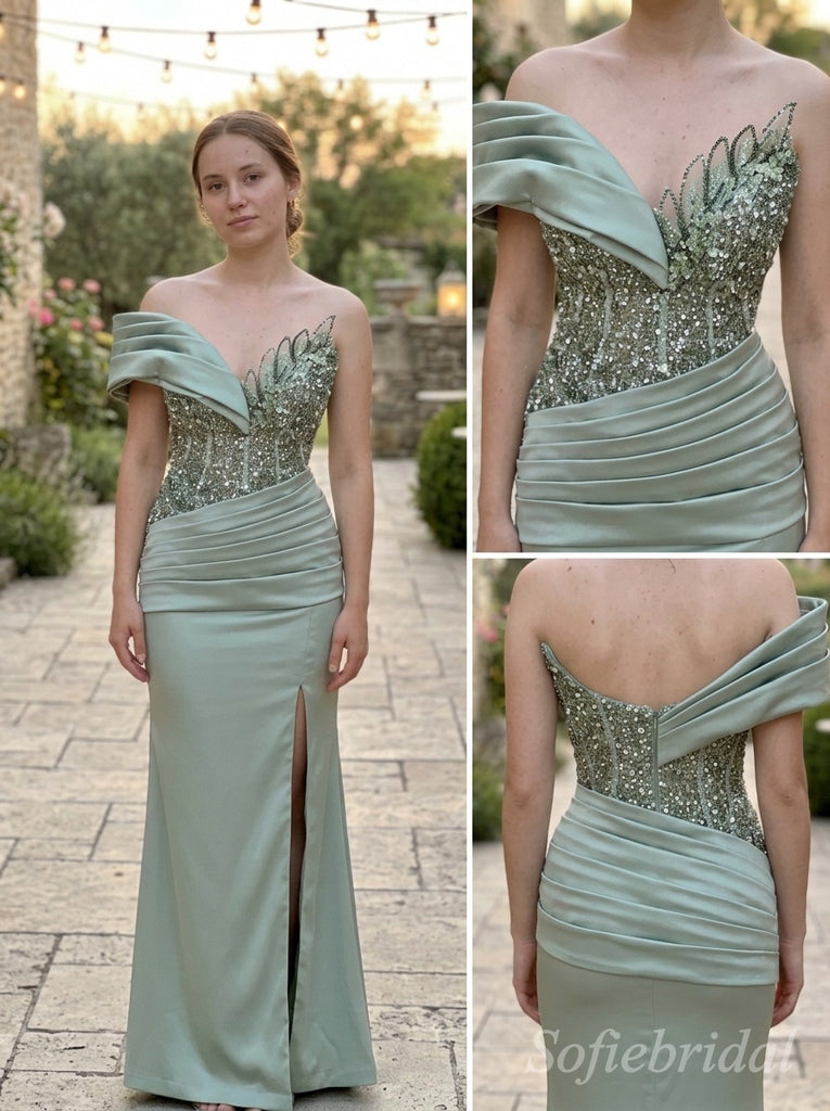 Sage Green Satin Off The Shoulder Draped Ruffle Beaded Mermaid High Slit Floor Length Prom Dress,PD1375