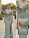 Sage Green Satin Off The Shoulder Draped Ruffle Beaded Mermaid High Slit Floor Length Prom Dress,PD1375