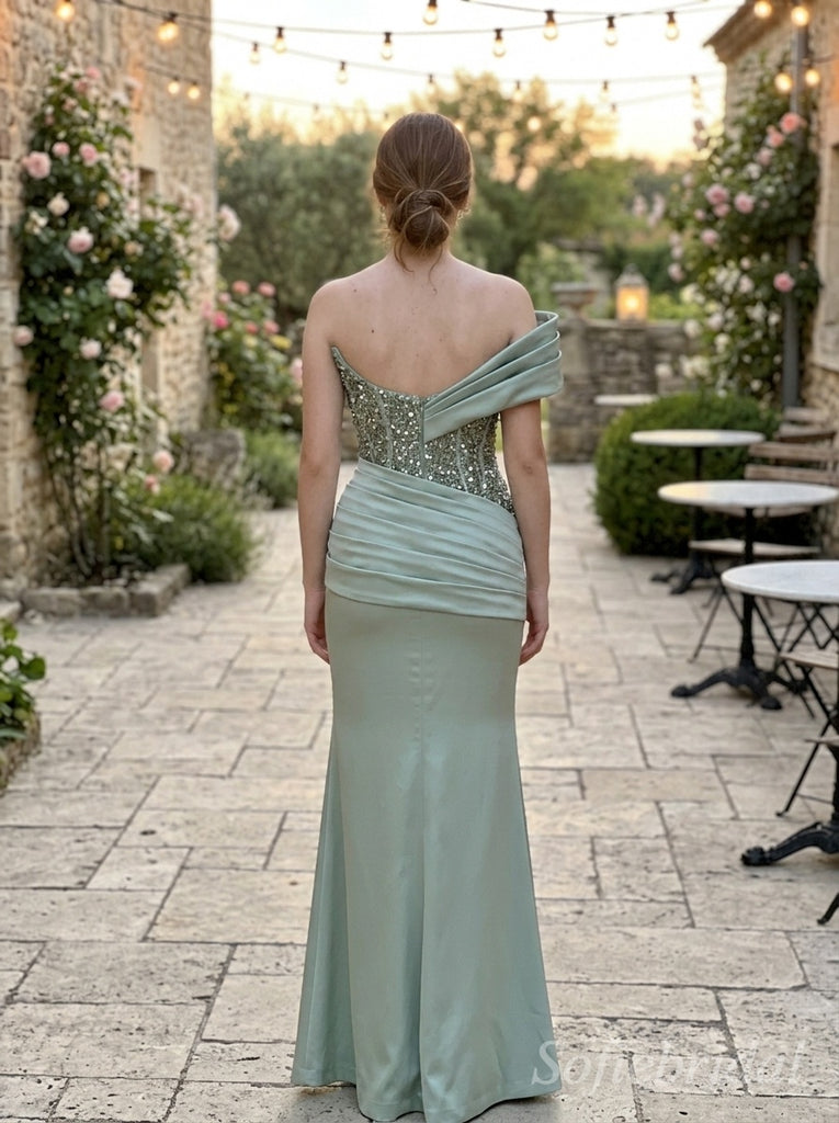 Sage Green Satin Off The Shoulder Draped Ruffle Beaded Mermaid High Slit Floor Length Prom Dress,PD1375