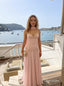 Blush Pink Chiffon Spaghetti Strap V-Neck A-Line Gown With Beaded Floral Appliques & Choker Scarf, PD13870