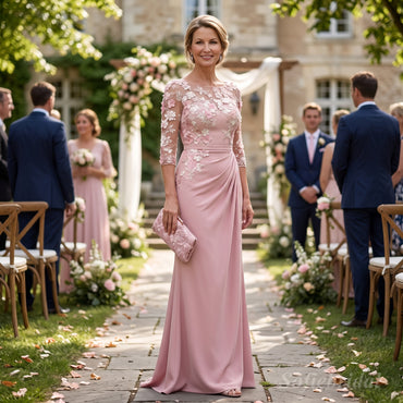 Muted Pink Crepe Ruched Mother Of The Bride Dress With Sheer 3D Floral Lace Bodice,SFM022