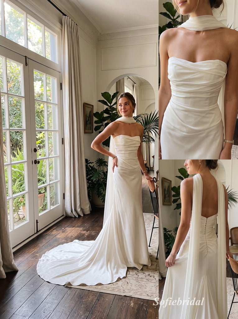 Ivory Strapless Sweetheart Ruched Bodice Satin Mermaid Wedding Dress With Detachable Neck Sash Train,PD13859