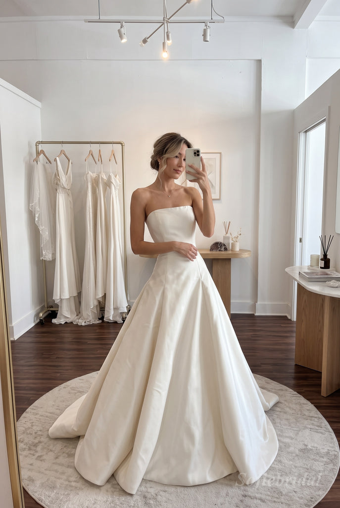 White Luxe Satin Strapless Straight Neck Structured Bodice Ball Gown Wedding Dress With Sweep Train,SFWD0108