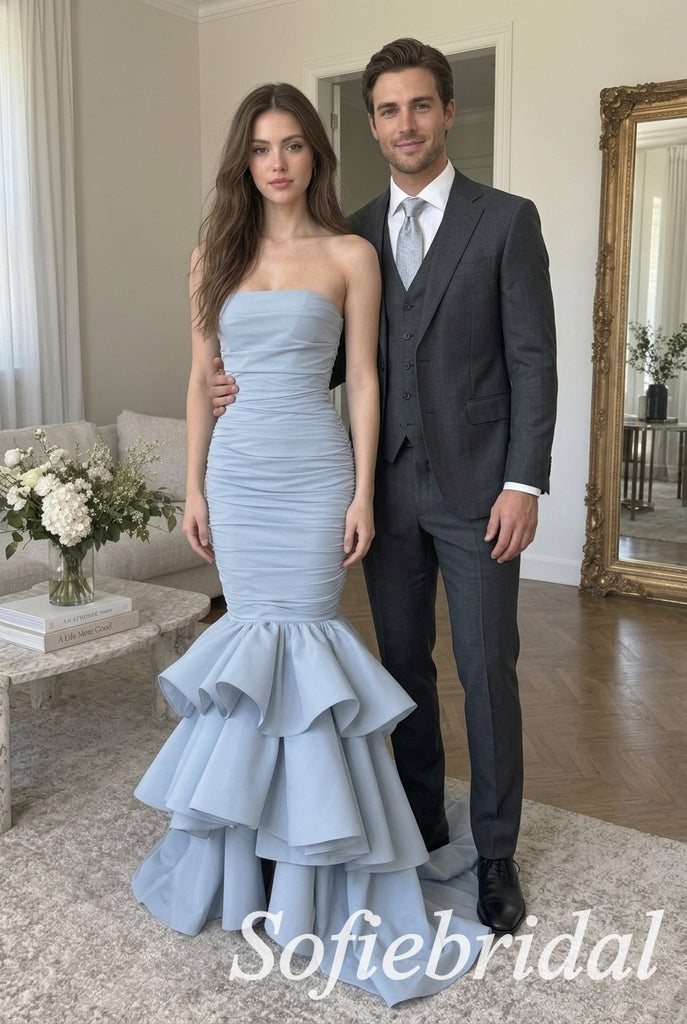 Dusty Blue Satin Strapless Ruched Bodice Cascading Ruffle Hem Train Mermaid Prom Dress,PD1362