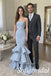 Dusty Blue Satin Strapless Ruched Bodice Cascading Ruffle Hem Train Mermaid Prom Dress,PD1362