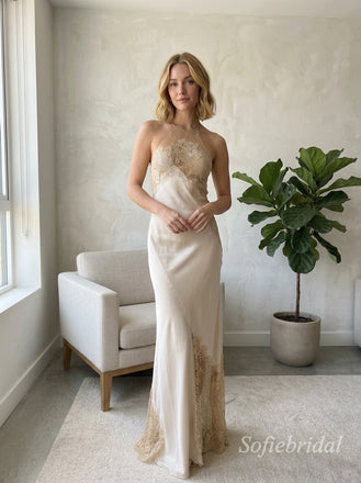 Champagne Satin Halter Lace Applique Cowl Back Mermaid Evening Dress,PD13836