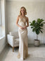Champagne Satin Halter Lace Applique Cowl Back Mermaid Evening Dress,PD13836