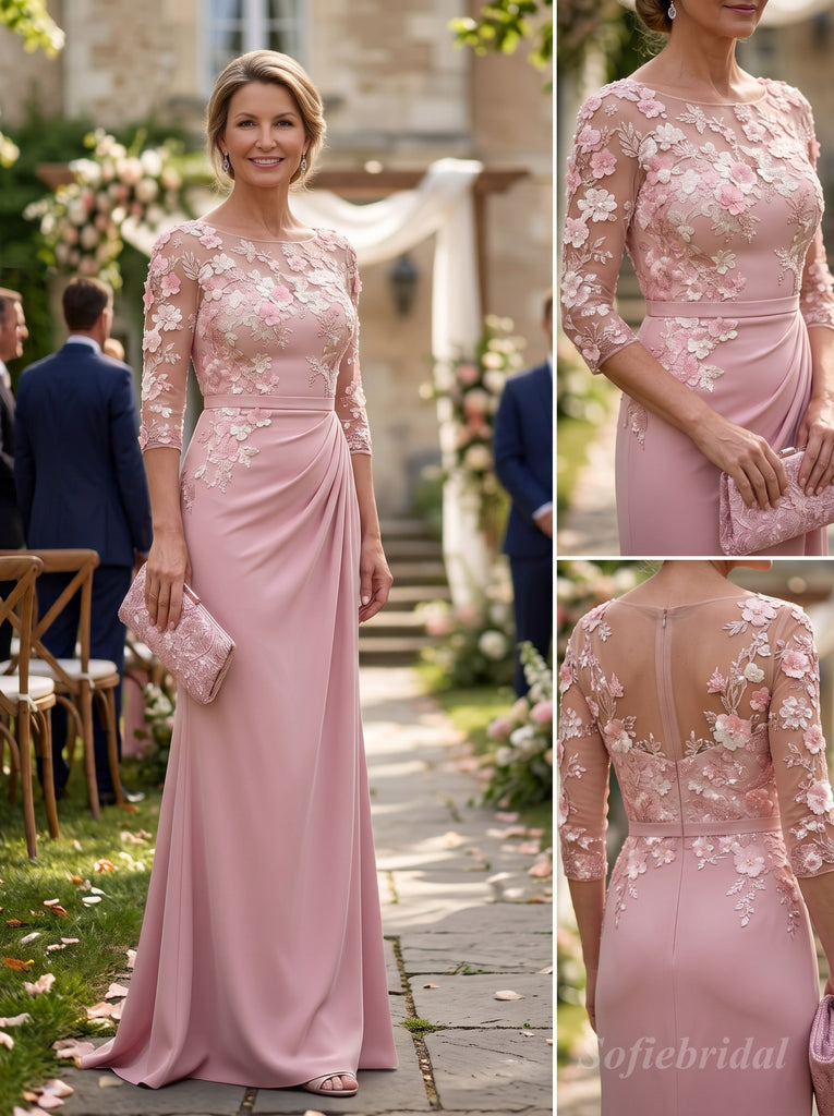 Muted Pink Crepe Ruched Mother Of The Bride Dress With Sheer 3D Floral Lace Bodice,SFM022
