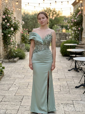 Sage Green Satin Off The Shoulder Draped Ruffle Beaded Mermaid High Slit Floor Length Prom Dress,PD1375