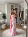 Pink Satin Draped Cowl Neck Spaghetti Strap Mermaid Evening Dress With Long Streamers,PD13863