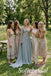Dusty Blue Chiffon One Shoulder Twist Cutout Beaded Waist Cape Sleeve Floor Length A-Line Bridesmaid Gown,PD1358