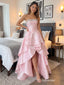 Blush Pink Strapless Straight Neck Beaded Bodice High Low Satin Evening Dress,PD13853