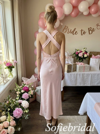 Blush Satin Twisted Halter Keyhole Cross Back Midi Column Bridesmaid Dress,PD1345