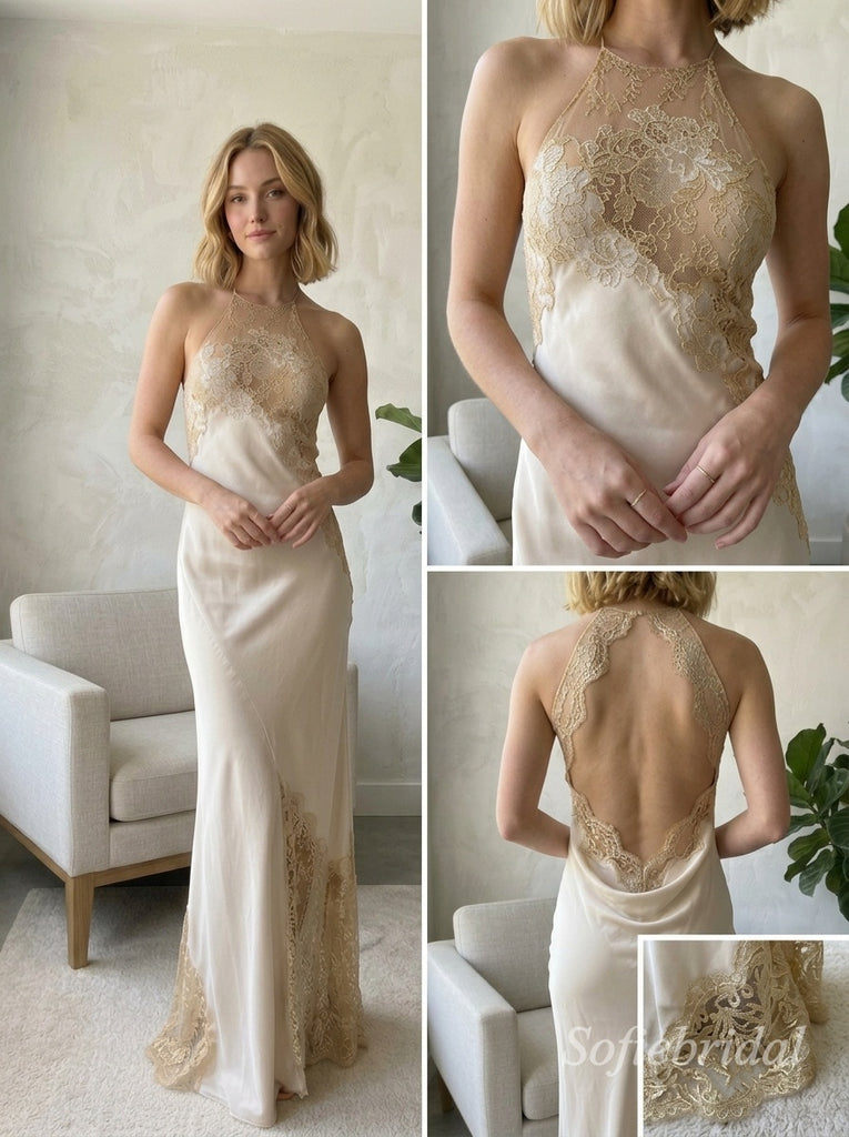 Champagne Satin Halter Lace Applique Cowl Back Mermaid Evening Dress,PD13836