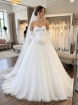 White Satin & Tulle Sweetheart Corset Bodice Ball Gown Wedding Dress With Sheer Back,SFWD0113