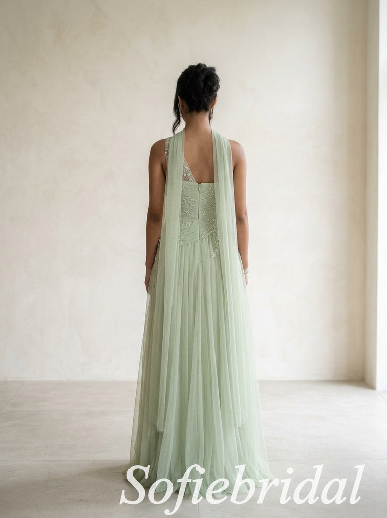 Sage Green Tulle One Shoulder Beaded Appliqué A Line Dress,PD1368