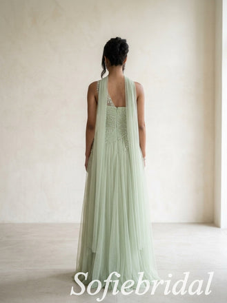 Sage Green Tulle One Shoulder Beaded Appliqué A Line Dress,PD1368