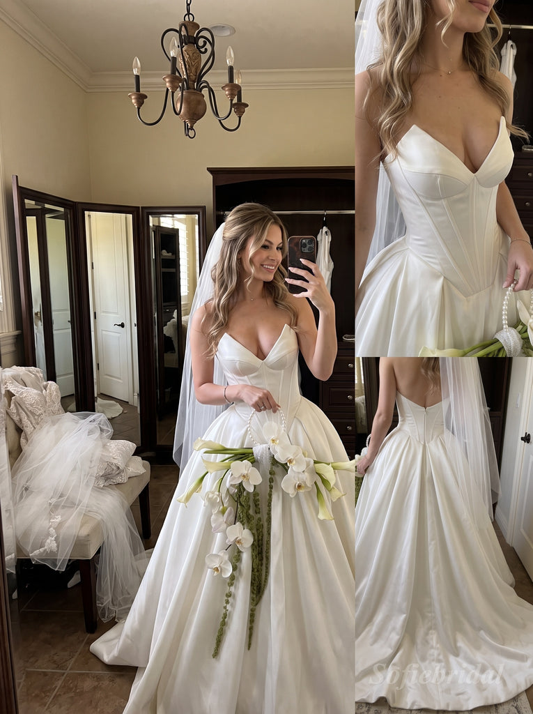 White Heavy Satin Sweetheart Corset Structured Bodice Ball Gown Wedding Dress With Sweep Train，SFWD0109