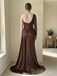 Chocolate One-Shoulder Beaded Satin Gown | Hand-Embellished Sparkle Sleeve, High Slit & Train Dress,PD1373