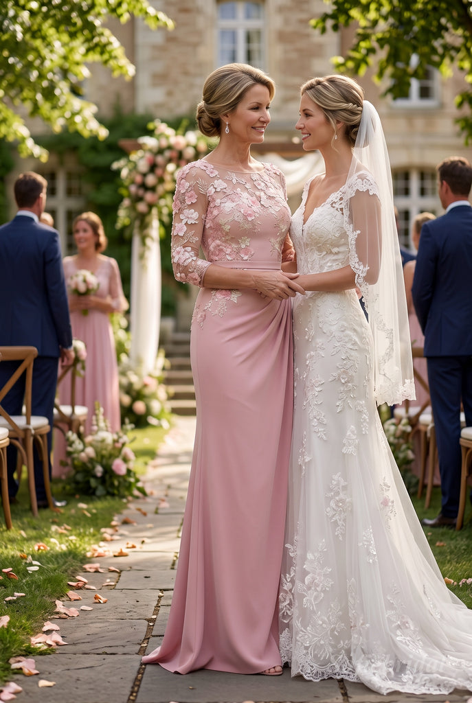 Muted Pink Crepe Ruched Mother Of The Bride Dress With Sheer 3D Floral Lace Bodice,SFM022