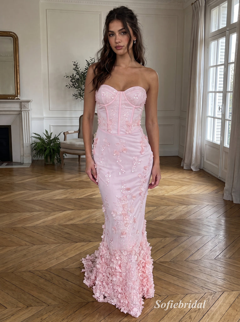 Blush Pink Strapless Sweetheart 3D Floral Applique Corset Bodice Mermaid Floor Length Evening Dress,PD13858