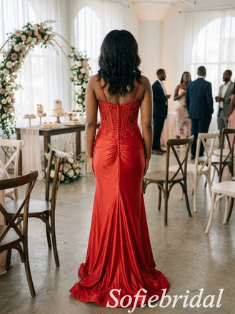 Red Glitter Satin Lace Corset Spaghetti Straps Floor Length Mermaid Evening Gown,PD1344
