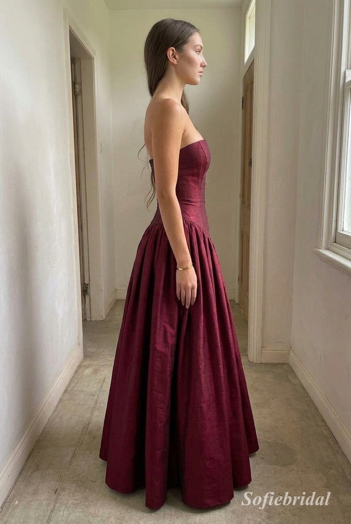Burgundy Satin Strapless Straight Neck Structured Bodice Gathered A-Line Evening Dress,PD13841