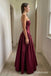 Burgundy Satin Strapless Straight Neck Structured Bodice Gathered A-Line Evening Dress,PD13841