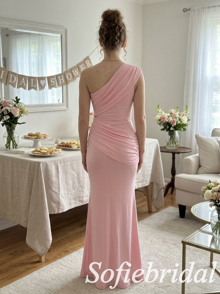 Dusty Pink Jersey One Shoulder Ruched Bodice Floor Length Mermaid Bridesmaid Dress, SFWG00720