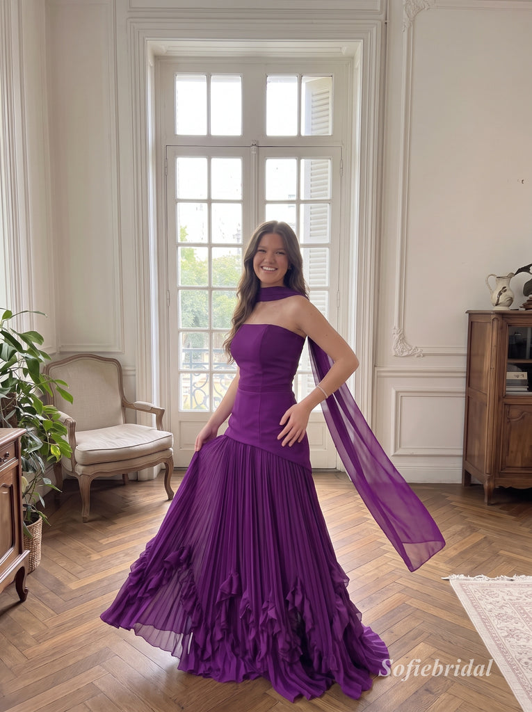 Purple Chiffon Strapless Asymmetrical Bodice A-Line Gown With Pleated Ruffle Skirt & Choker Sash, PD13869