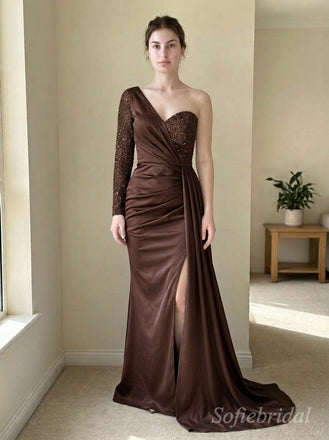 Chocolate One-Shoulder Beaded Satin Gown | Hand-Embellished Sparkle Sleeve, High Slit & Train Dress,PD1373