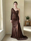 Chocolate One-Shoulder Beaded Satin Gown | Hand-Embellished Sparkle Sleeve, High Slit & Train Dress,PD1373