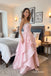 Blush Pink Strapless Straight Neck Beaded Bodice High Low Satin Evening Dress,PD13853