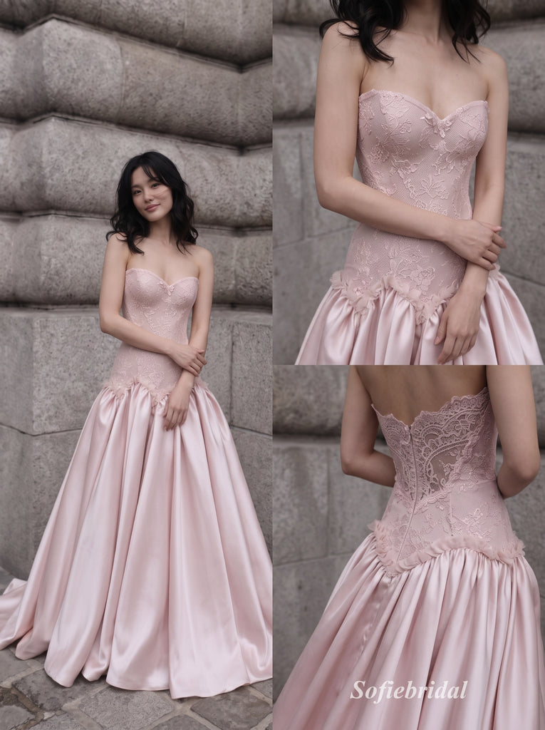 Dusty Blush Strapless Sweetheart Lace Applique Bodice Satin Ball Gown Floor Length Evening Dress,PD13855