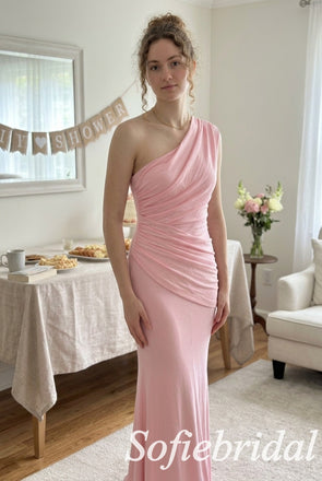 Dusty Pink Jersey One Shoulder Ruched Bodice Floor Length Mermaid Bridesmaid Dress, SFWG00720