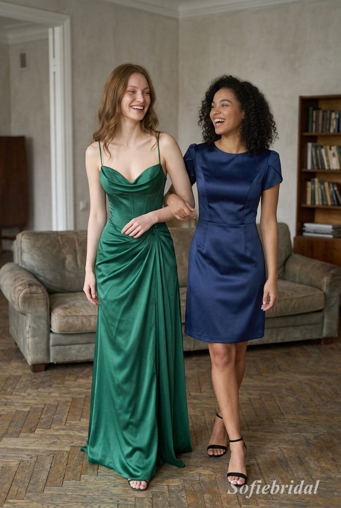 Emerald Green Satin Spaghetti Strap Cowl Neck Corset Bodice Slit Mermaid Floor Length Evening Dress,PD13844